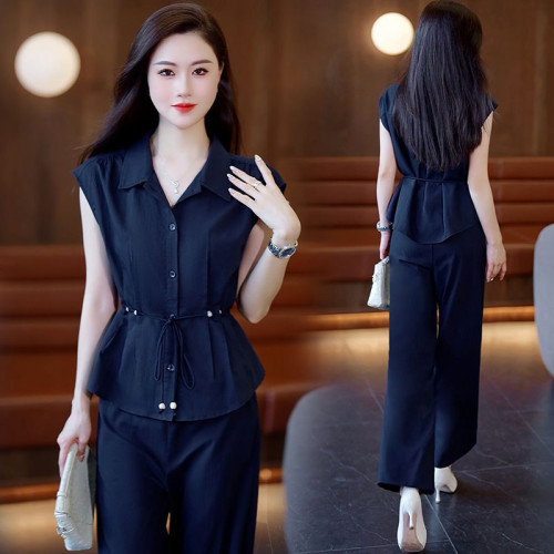 夏季時尚套裝女2025新款洋氣質收腰顯瘦無袖襯衫高腰濶腿褲兩件套