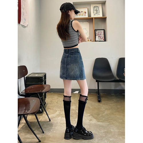 妍度復古開叉牛仔半身短裙女夏薄高腰a字包臀裙緊身一步裙中裙子