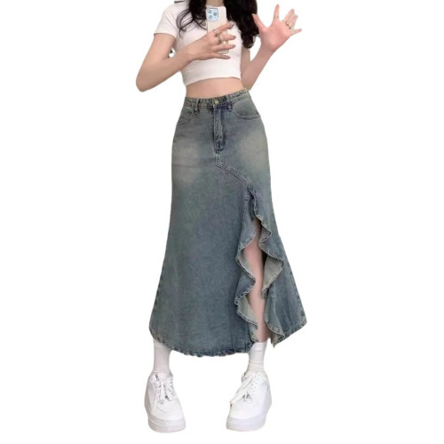 牛仔半身裙女春夏復古港風顯瘦大碼不規則波浪開叉高腰魚尾
