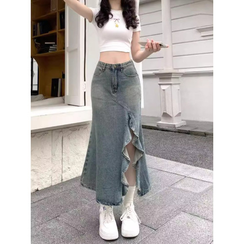 牛仔半身裙女春夏復古港風顯瘦大碼不規則波浪開叉高腰魚尾