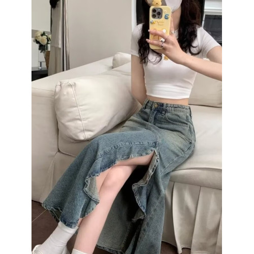牛仔半身裙女春夏復古港風顯瘦大碼不規則波浪開叉高腰魚尾