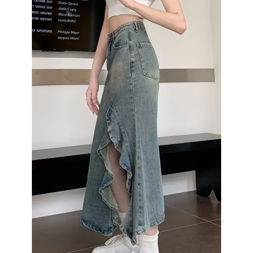 牛仔半身裙女春夏復古港風顯瘦大碼不規則波浪開叉高腰魚尾