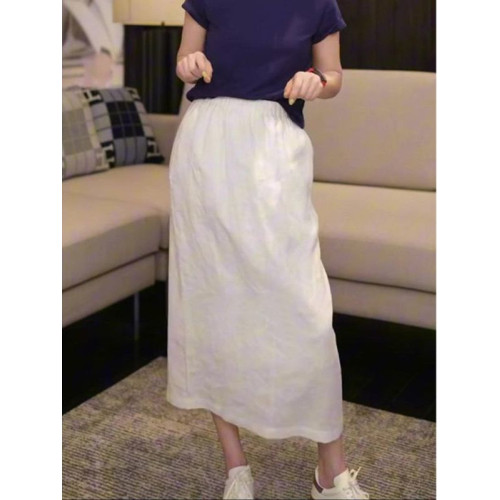 棉麻白色半身裙女夏季高腰顯瘦中長款文藝風大碼直筒裙通勤穿搭