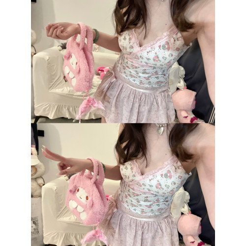 BabeBunny 古早Baby 甜美粉蕾絲美樂蒂印花吊帶背心+碎花低腰短裙