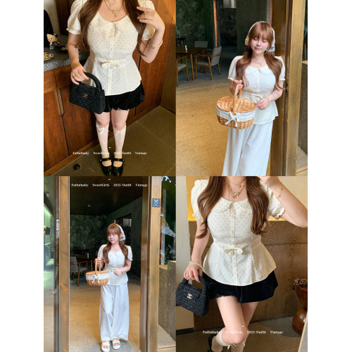 FATFATBABY 「天絲醋酸」收腰娃娃領襯衫 x 舒服蕾絲麻棉長褲