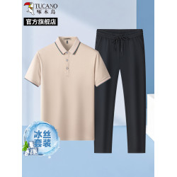 啄木鳥2025夏季短袖POLO衫+冰絲直筒運動休閒長褲子男士T恤套裝H
