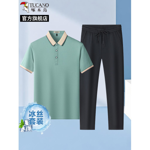 啄木鳥2025夏季短袖POLO衫+冰絲直筒運動休閒長褲子男士T恤套裝H