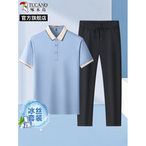 啄木鳥2025夏季短袖POLO衫+冰絲直筒運動休閒長褲子男士T恤套裝H