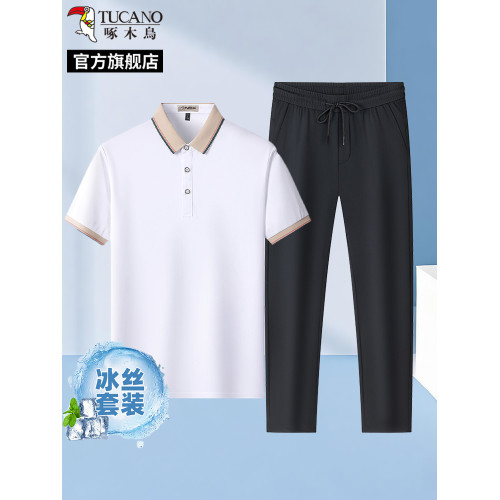 啄木鳥2025夏季短袖POLO衫+冰絲直筒運動休閒長褲子男士T恤套裝H