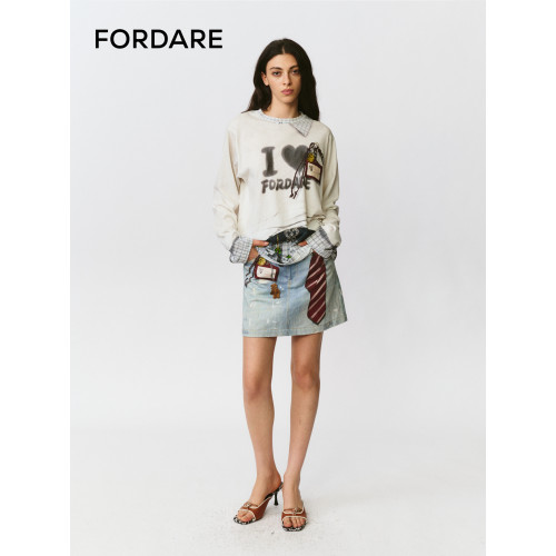 FORDARE/福蝶25早秋領帶工牌印花牛仔短裙時尚百搭設計感半裙