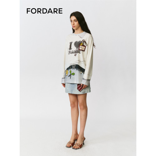 FORDARE/福蝶25早秋領帶工牌印花牛仔短裙時尚百搭設計感半裙