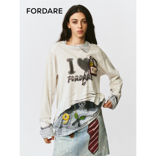 FORDARE/福蝶25早秋領帶工牌印花牛仔短裙時尚百搭設計感半裙