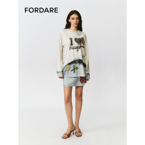 FORDARE/福蝶25早秋領帶工牌印花牛仔短裙時尚百搭設計感半裙