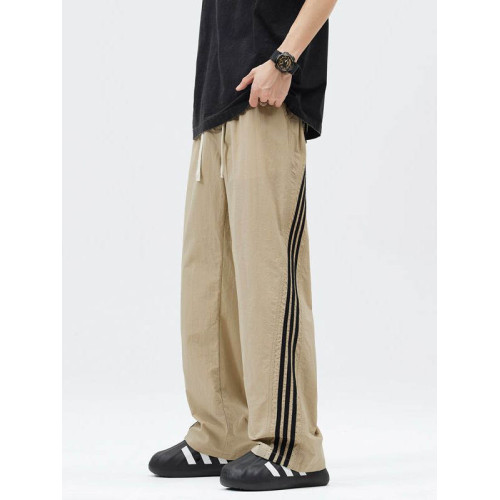 2025美式三條杠褲子男夏季冰絲直筒寬鬆條紋休閒運動褲男生休閒褲