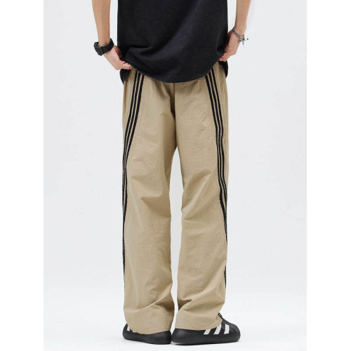 2025美式三條杠褲子男夏季冰絲直筒寬鬆條紋休閒運動褲男生休閒褲