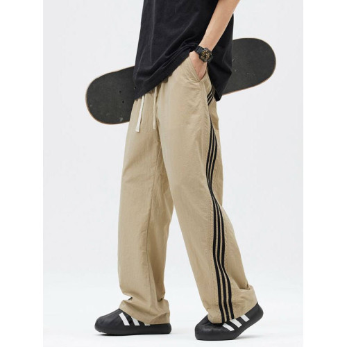 2025美式三條杠褲子男夏季冰絲直筒寬鬆條紋休閒運動褲男生休閒褲