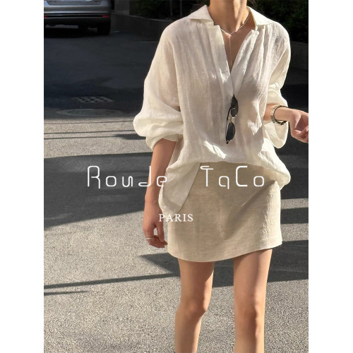 Rouje Taco復古亞麻v領防曬襯衫夏季高級感氣質顯瘦短裙兩件套