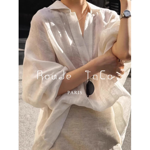 Rouje Taco復古亞麻v領防曬襯衫夏季高級感氣質顯瘦短裙兩件套