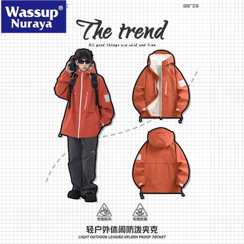 WASSUP NURAYA戶外防潑防風夾克男春秋寬松休閒百搭情侶連帽外套