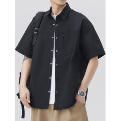 日系冰絲涼感短袖襯衫男2025夏季美式寬松休閒百搭工裝翻領襯衣