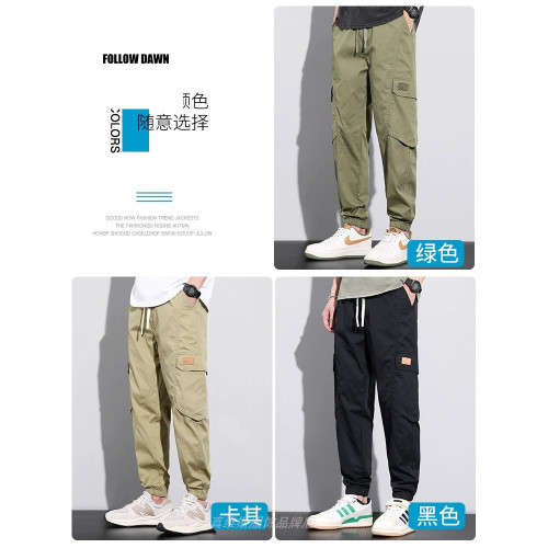 冰絲軍綠工裝褲男士夏季薄款潮牌寬松束腳九分抽繩休閒褲