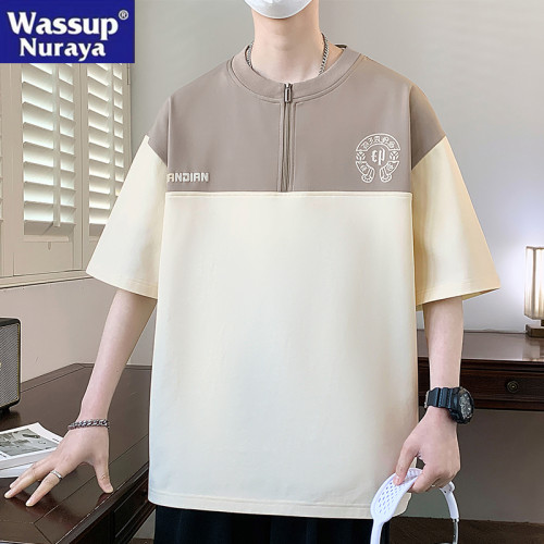 WASSUP NURAYA撞色半拉鍊短袖T恤男夏季寬松休閒半袖青年學生上衣