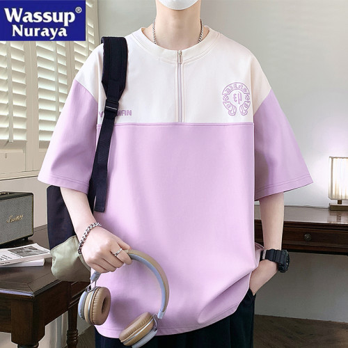 WASSUP NURAYA撞色半拉鍊短袖T恤男夏季寬松休閒半袖青年學生上衣