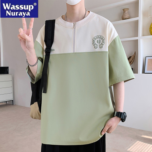 WASSUP NURAYA撞色半拉鍊短袖T恤男夏季寬松休閒半袖青年學生上衣