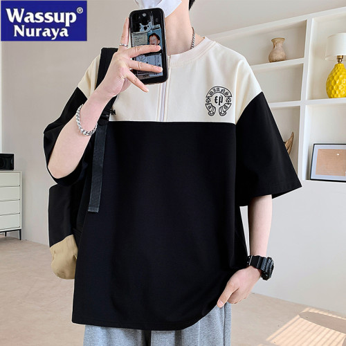 WASSUP NURAYA撞色半拉鍊短袖T恤男夏季寬松休閒半袖青年學生上衣