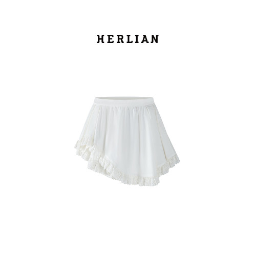 HERLIAN新品女士不規則下擺蛋糕裙蕾絲花邊白色半身短裙