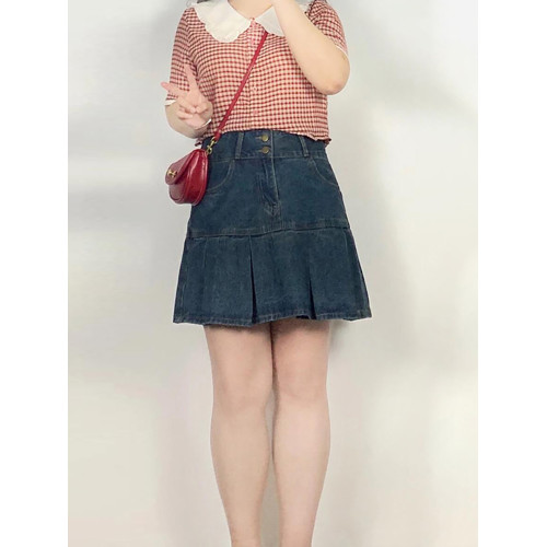 胖mm大碼女裝美式復古辣妹風牛仔百褶裙女夏季甜酷少女a字短裙子