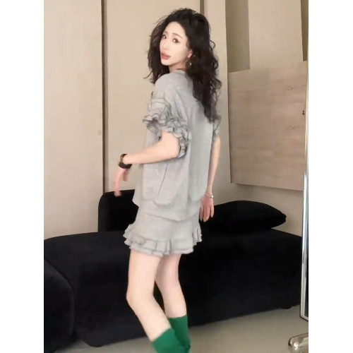 IDIQ灰色休閒運動服木耳邊短袖短裙兩件套裝女2025超火夏裝一整套