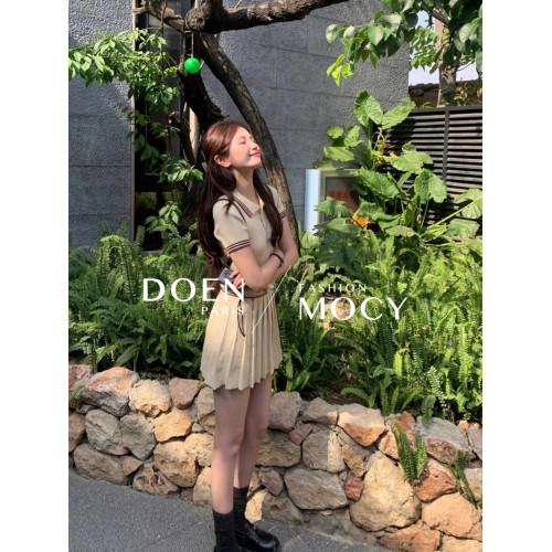 DOEN MOCY千金學院風套裝miu系polo領針織衫短袖上衣百褶半身短裙