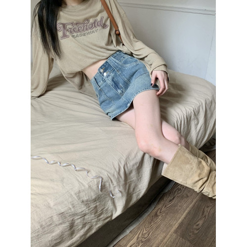 妍度復古牛仔短裙女新款小個子百搭顯瘦辣辣半裙高腰包臀a字短裙