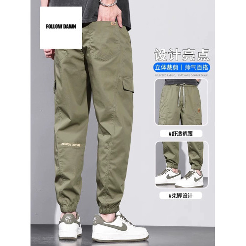 新款潮牌痞帥工裝休閒褲子男士夏季薄款哈倫束腳寬鬆九分