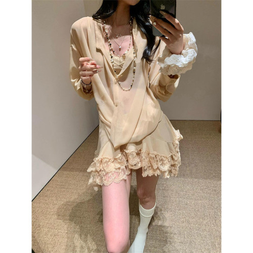 韓系甜美風小衆浪漫飄逸襯衫女夏季新款純欲雙層顯示半身裙套裝