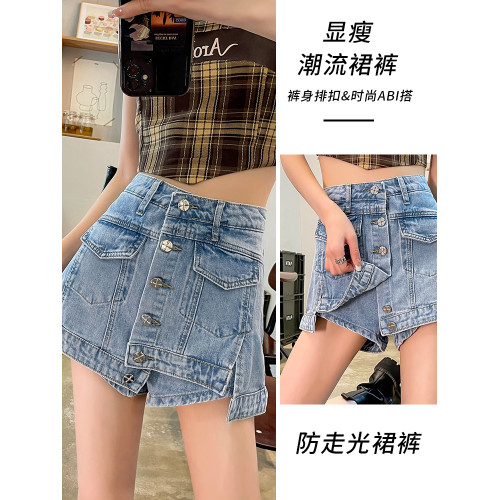 妍度夏季牛仔短裙女高腰裙褲辣妹工裝防走光卡其棕色褲裙短褲子