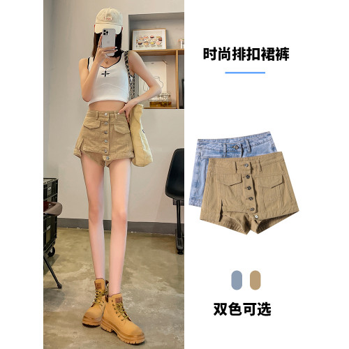 妍度夏季牛仔短裙女高腰裙褲辣妹工裝防走光卡其棕色褲裙短褲子