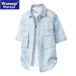 WASSUP Nuraya潮牌襯衫男士痞帥夏季泡泡紗短袖襯衣工裝翻領外套