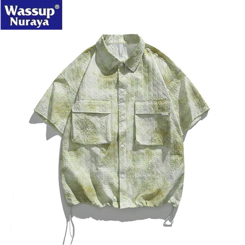 WASSUP Nuraya潮牌襯衫男士痞帥夏季泡泡紗短袖襯衣工裝翻領外套