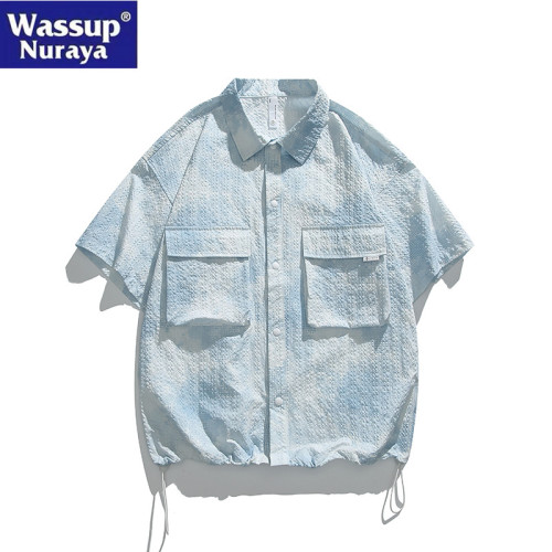 WASSUP Nuraya潮牌襯衫男士痞帥夏季泡泡紗短袖襯衣工裝翻領外套