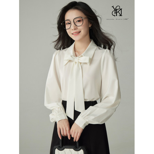 婭可家可拆卸領結3.0 白色緞面蝴蝶結襯衫女春秋面試職業通勤襯衣