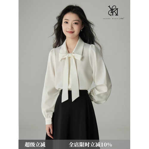 婭可家可拆卸領結3.0 白色緞面蝴蝶結襯衫女春秋面試職業通勤襯衣