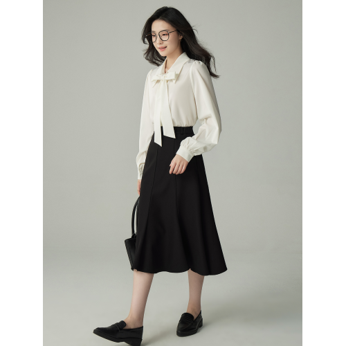 婭可家可拆卸領結3.0 白色緞面蝴蝶結襯衫女春秋面試職業通勤襯衣