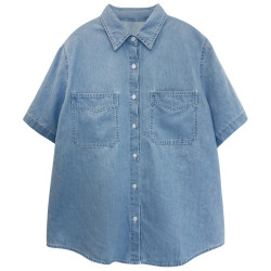 牛仔襯衫女polo半袖夏季設計感小衆襯衣港風復古藍色短袖上衣外套