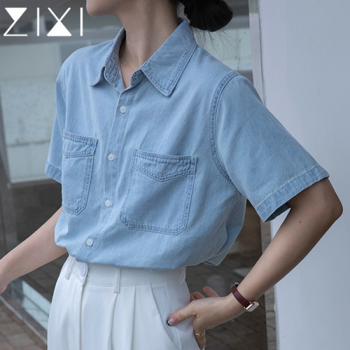 牛仔襯衫女polo半袖夏季設計感小衆襯衣港風復古藍色短袖上衣外套
