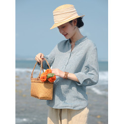 100%法國進口高級色織亞麻襯衫法式寬鬆復古套頭煜安可然原創