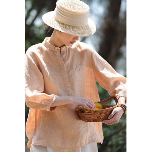 100%法國進口高級色織亞麻襯衫法式寬鬆復古套頭煜安可然原創