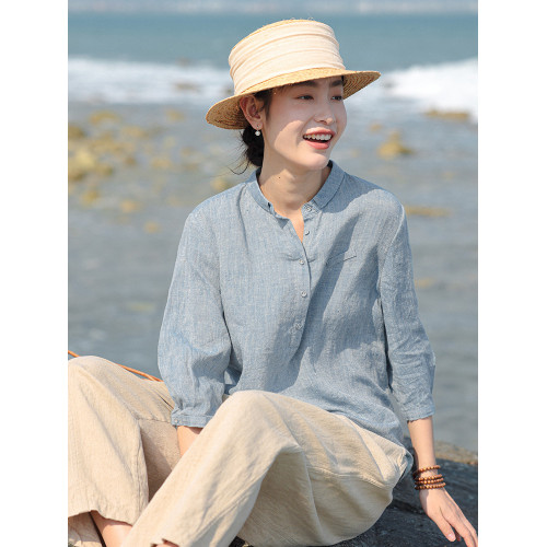 100%法國進口高級色織亞麻襯衫法式寬鬆復古套頭煜安可然原創