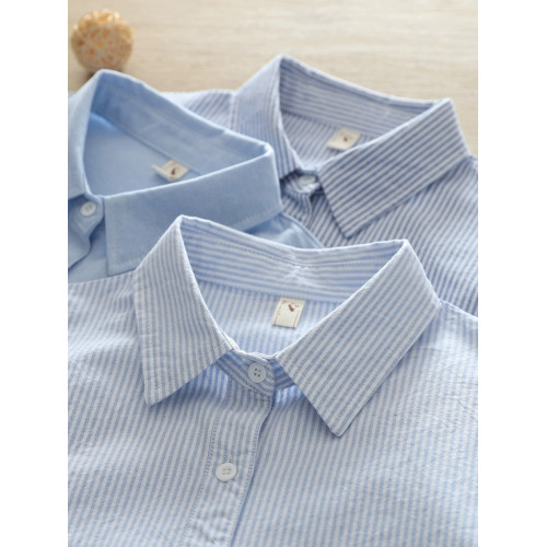 韓範文藝小清新竪條紋寬鬆純棉牛津紡通勤襯衫女長袖打底衫內搭潮 韓範文藝小清新竪條紋寬鬆純棉牛津紡通勤襯衫女長袖打底衫內搭潮